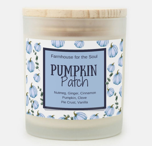 fall hand poured candle with blue pumpkin print