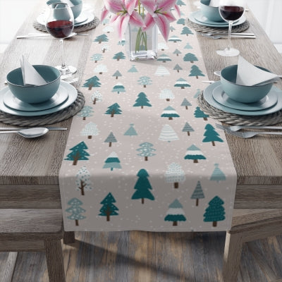 boho beige and teal winter tree table runner for winter or christmas decor