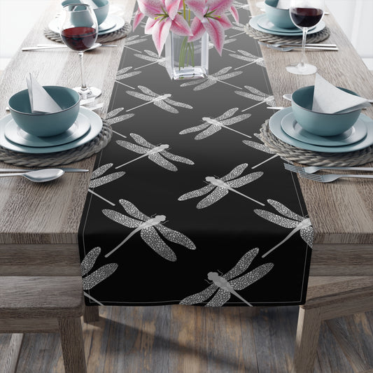 black and white dragonfly table runner