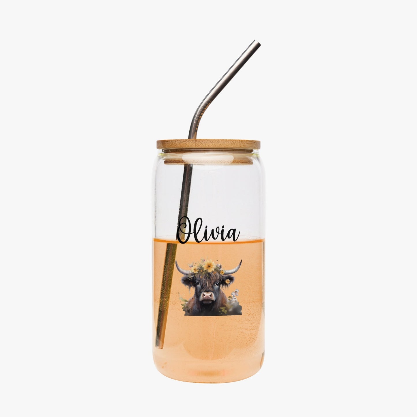 Personalized Highland Cow Drinking Glass with Bamboo Lid