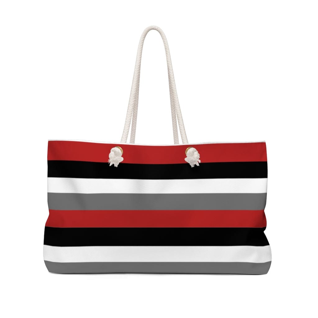 red, black, gray and white large stripe weekend tote bag with rope handles
