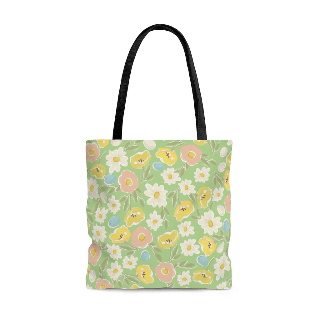 farmhouse floral tote bag with pink white and yellow flowers 