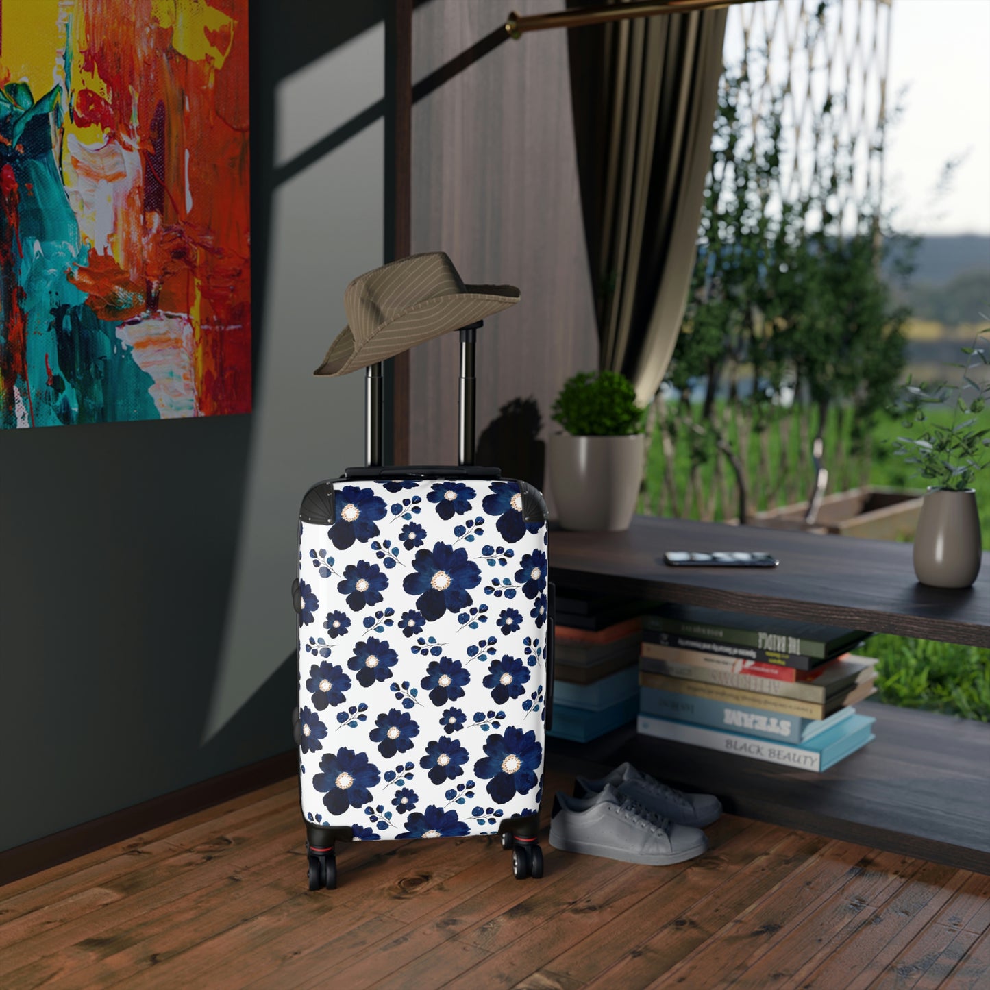 Women's Navy Blue Floral Suitcase / Personalized Luggage
