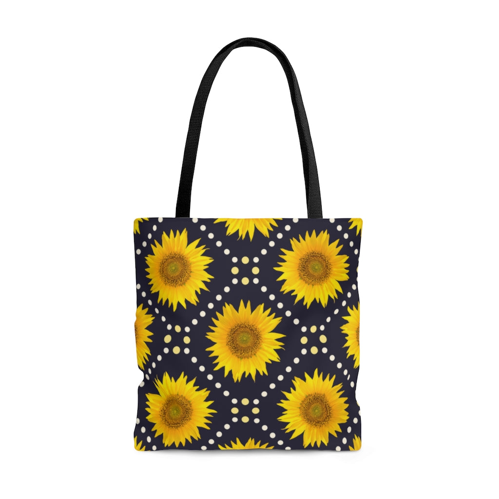 navy blue tote bag with sunflower pattern 