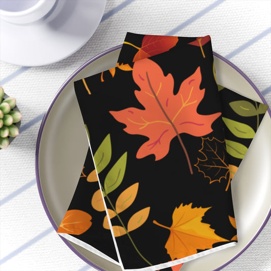 fall leaves cloth napkins in a set of 4. black with orange, yellow and green fall leaves