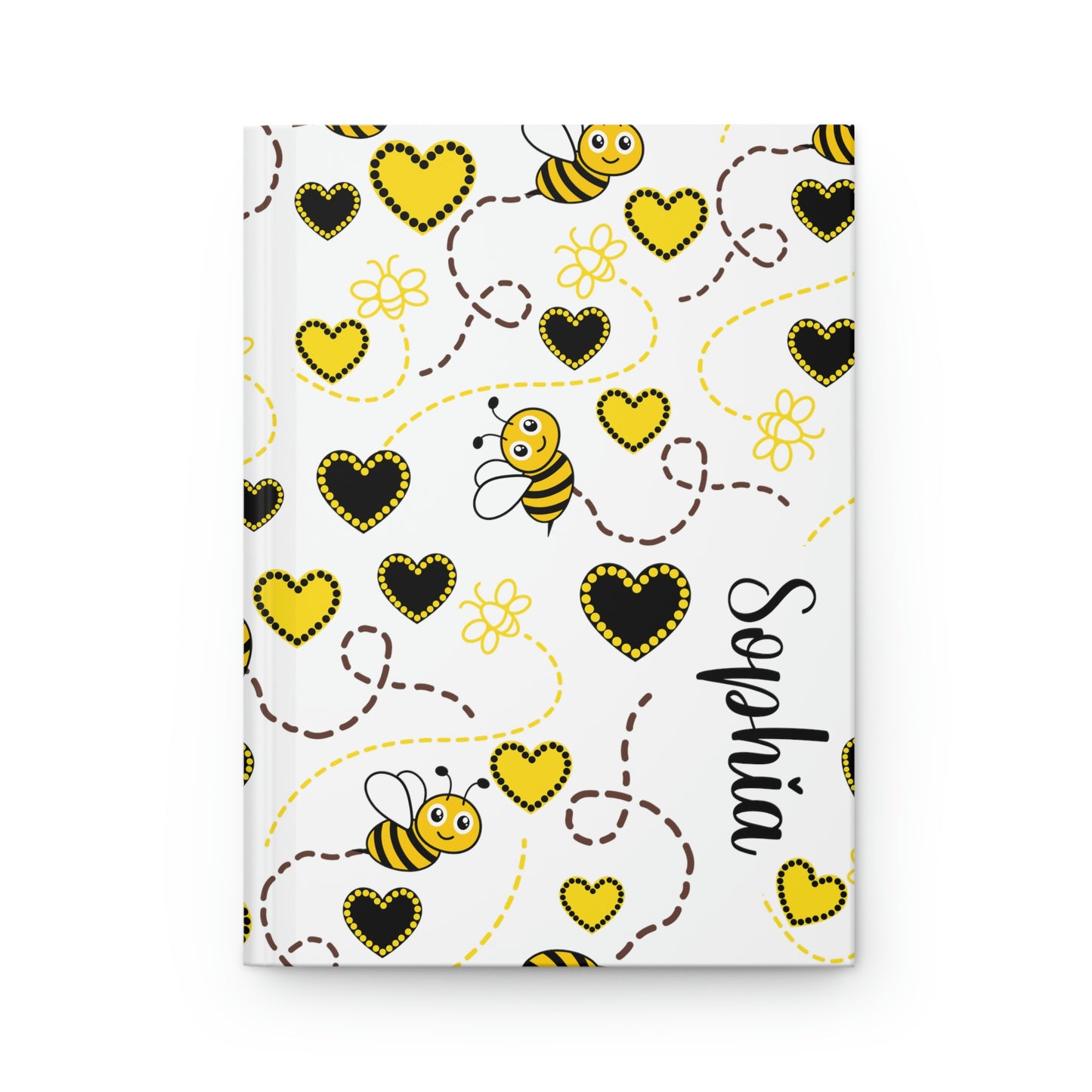honey bee summer journal in black and yellow with bumble bees and hearts