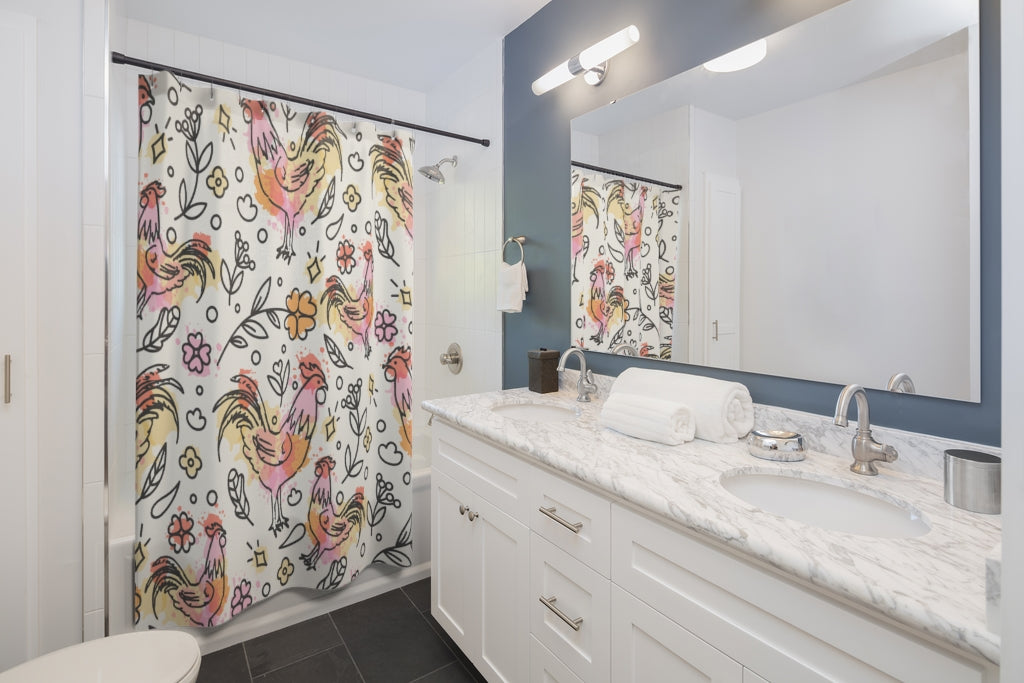 Farmhouse Shower Curtain / Rooster Bathroom Decor