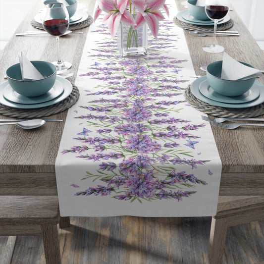 lavender flower table runner with purple flowers and green leaf print