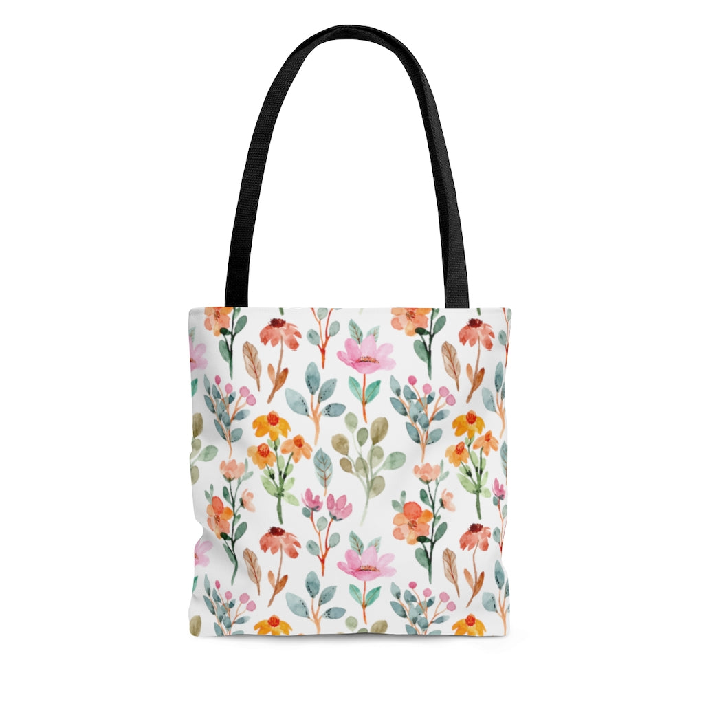 watercolor floral tote bag with flowers and eucalyptus leaves