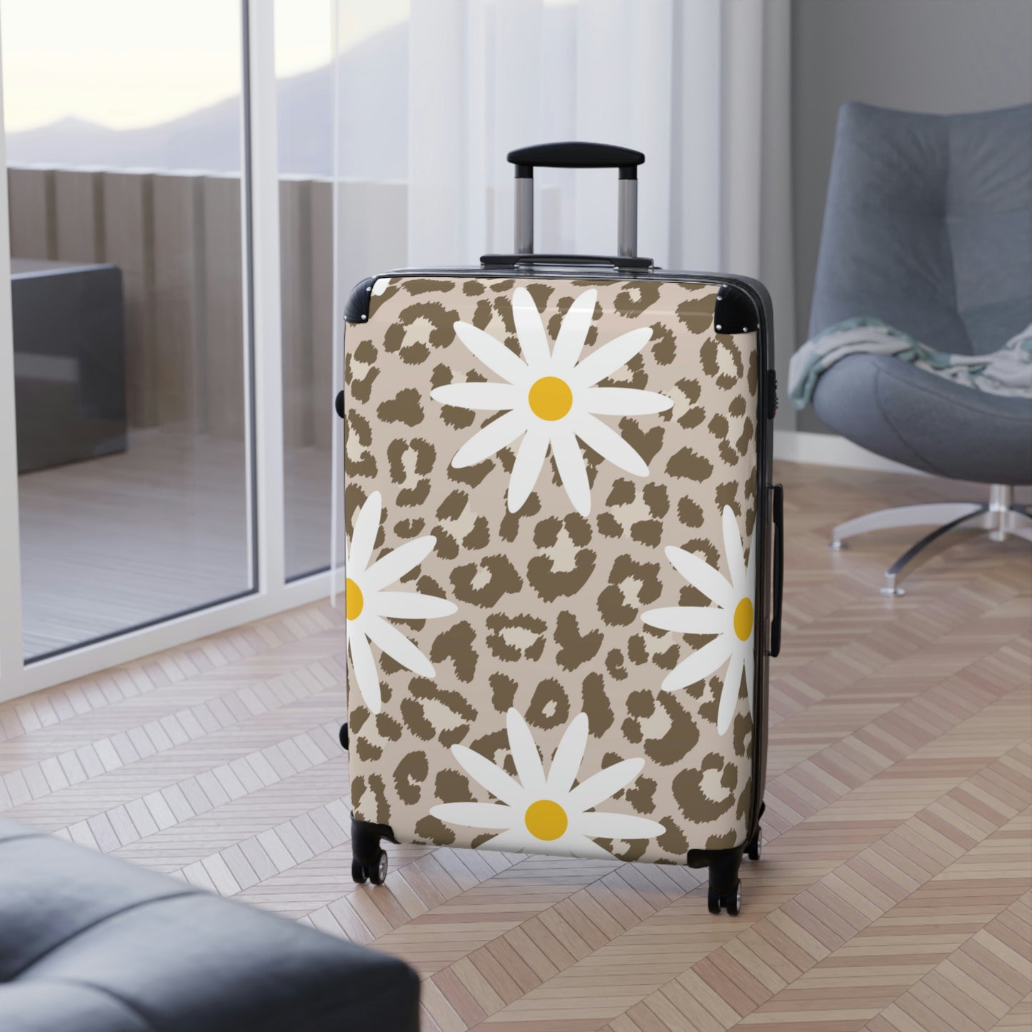 Women's Leopard Print and Daisy Wheeled Hard Shell Suitcase