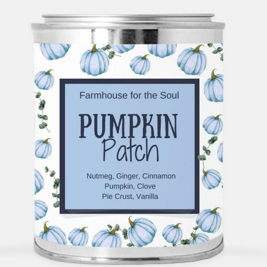 natural pumpkin candle, hand poured with blue pumpkin pattern