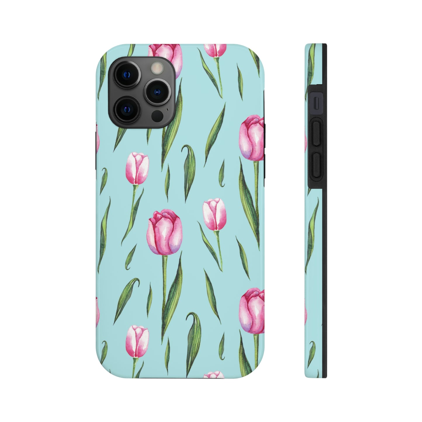 teal iphone or samsung phone case with pink tulip print for summer or spring fashion
