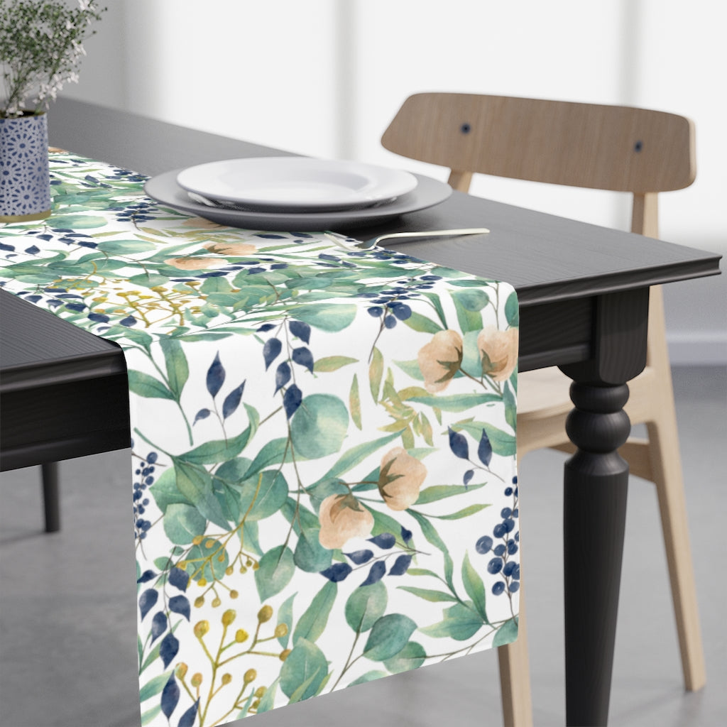 teal, peach and navy blue flower and leaves table runner in watercolor