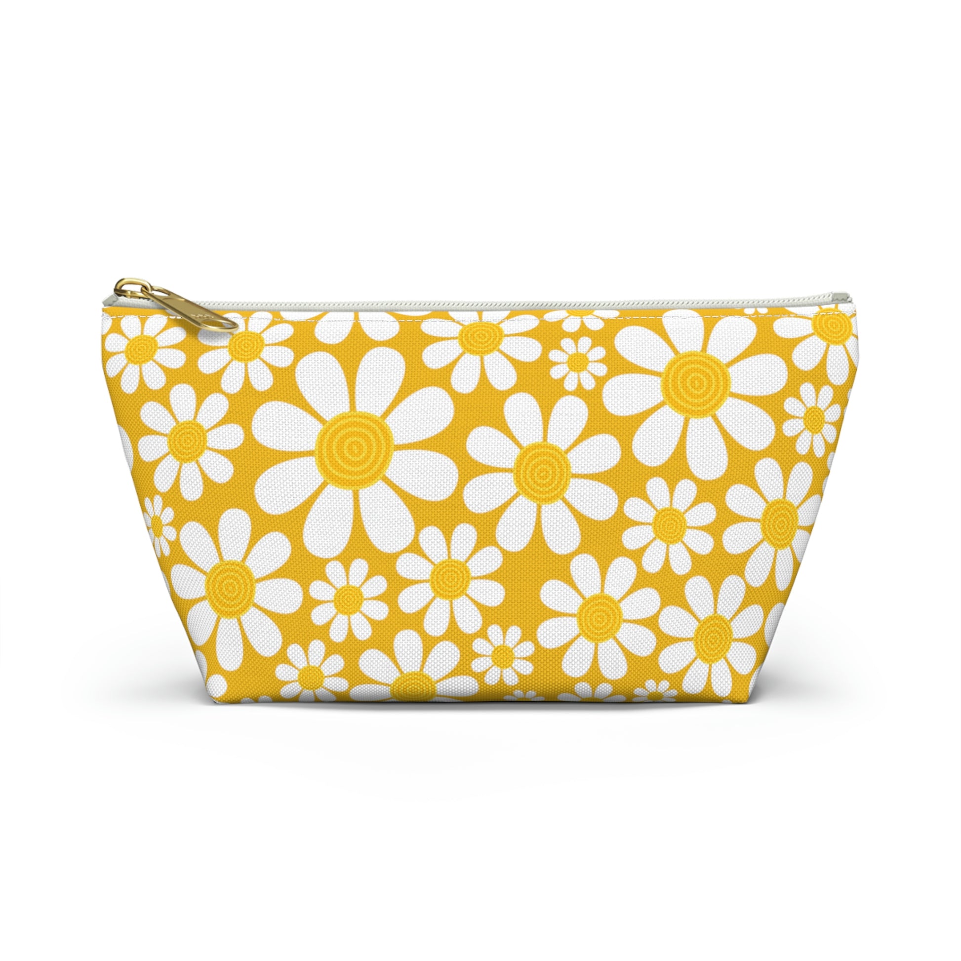 yellow makeup bag or pencil case with white daisy print in retro style