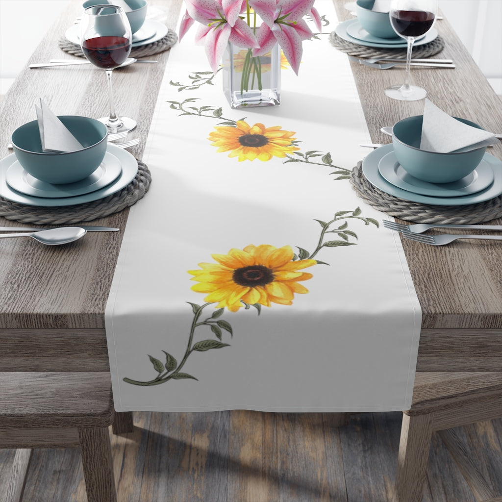 sunflower table runner with yellow single sunflower and leaves on a white background
