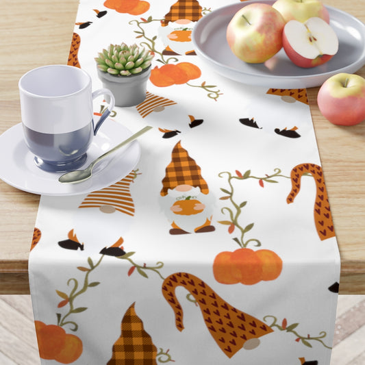 fall gnome table runner with gnome and pumpkin pattern