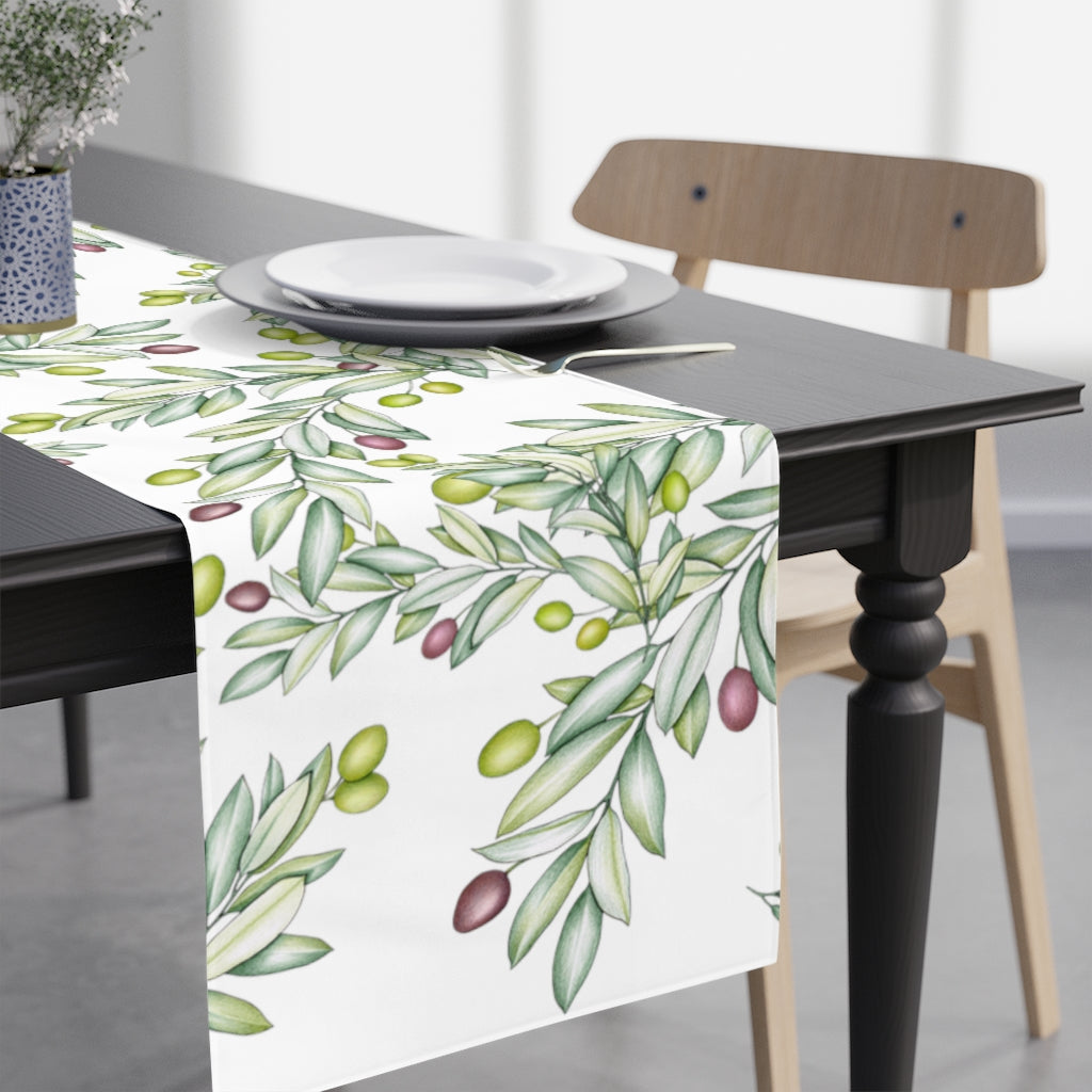 watercolor leaf decor, plum and green table runner 