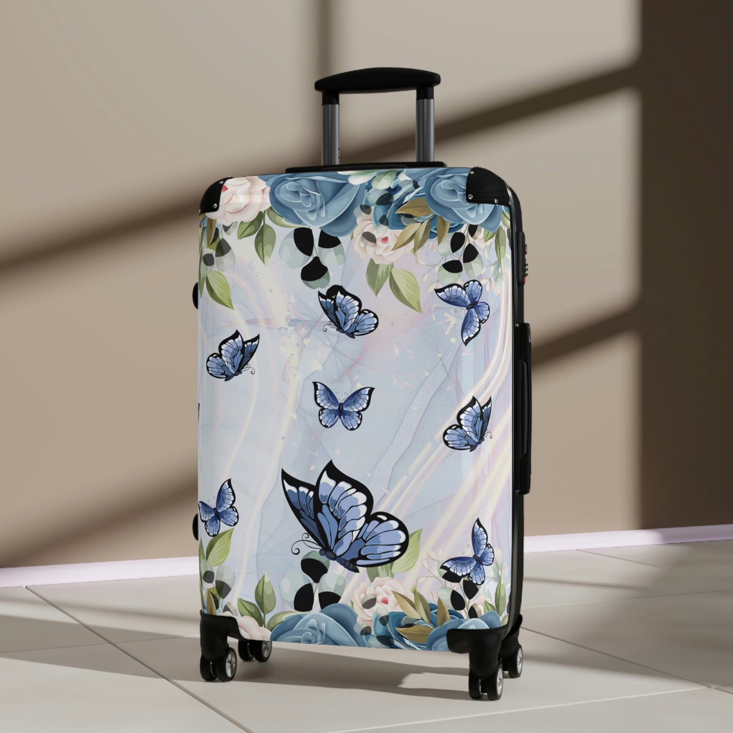 Women's Wheeled Hard Shell Suitcase / Blue Butterfly and Rose Luggage