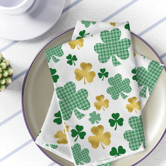 st patrick's day cloth napkins with gold and green plaid shamrock print