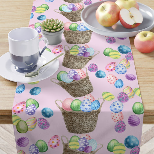 easter table runner with easter baskets and easter eggs