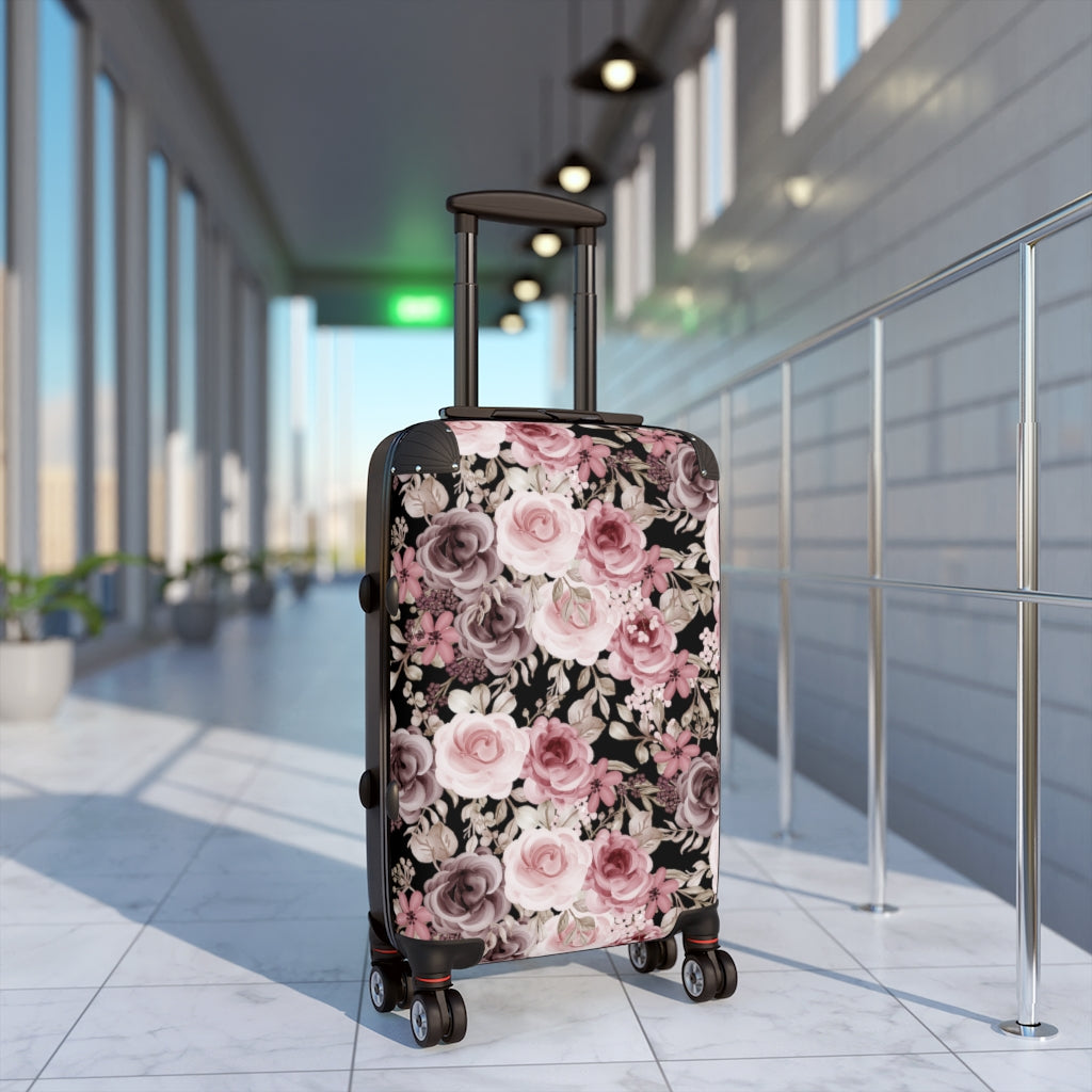 custom luggage featuring a floral suitcase in pink, white and purple rose pattern 