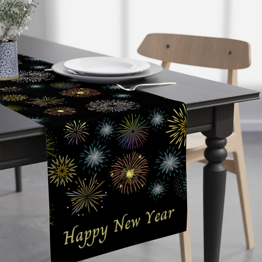 new years table runner with firework pattern in blue, yellow and purple 