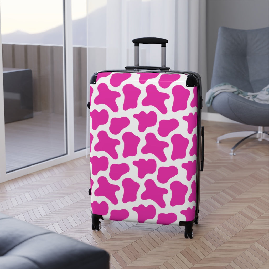 Pink Cow Print Cabin Suitcase / Farmhouse Wheeled Luggage