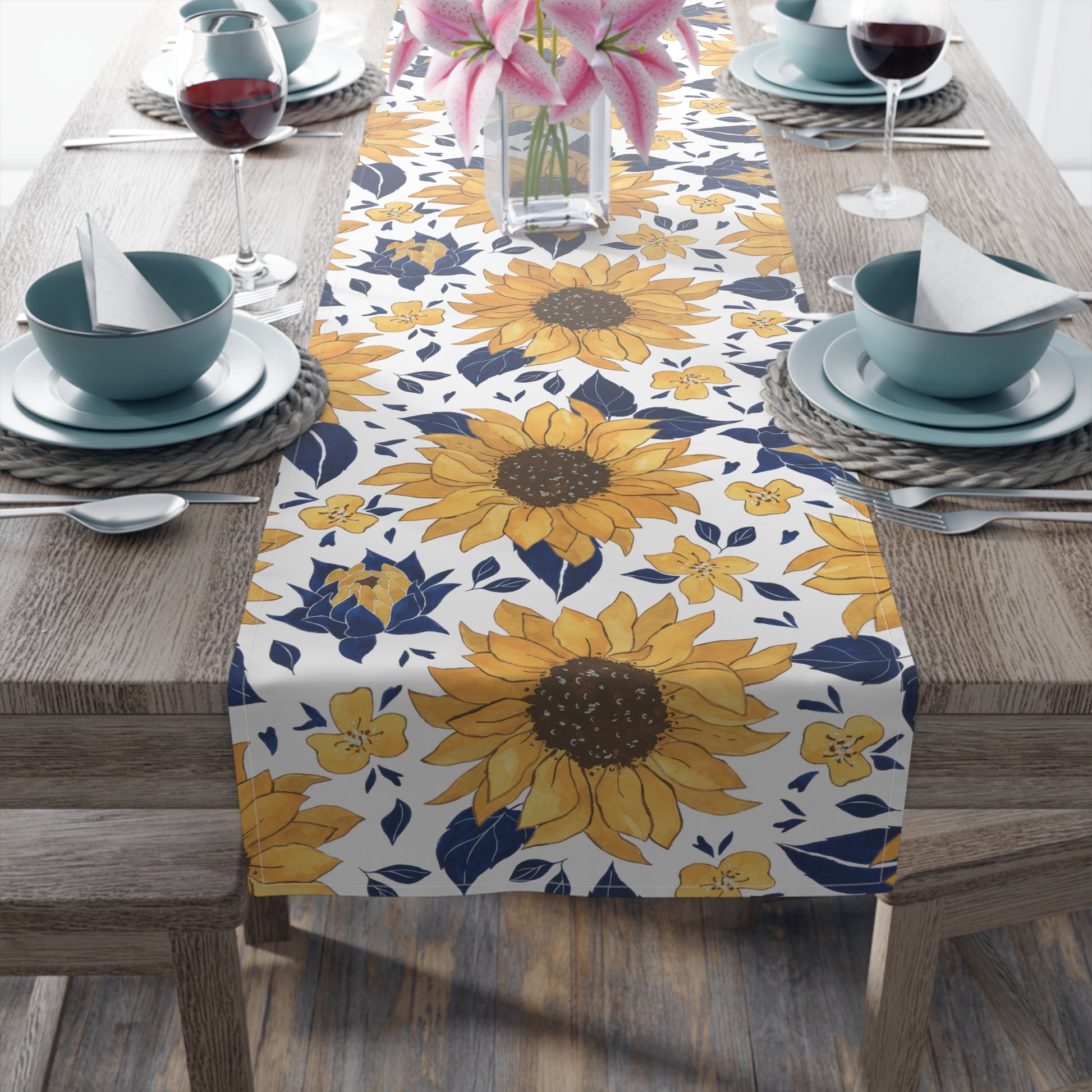 summer navy blue and yellow sunflower table runner