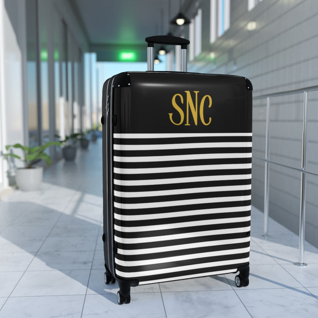 Monogram Suitcase / Personalized luggage / Black and White Striped Travel Suitcase