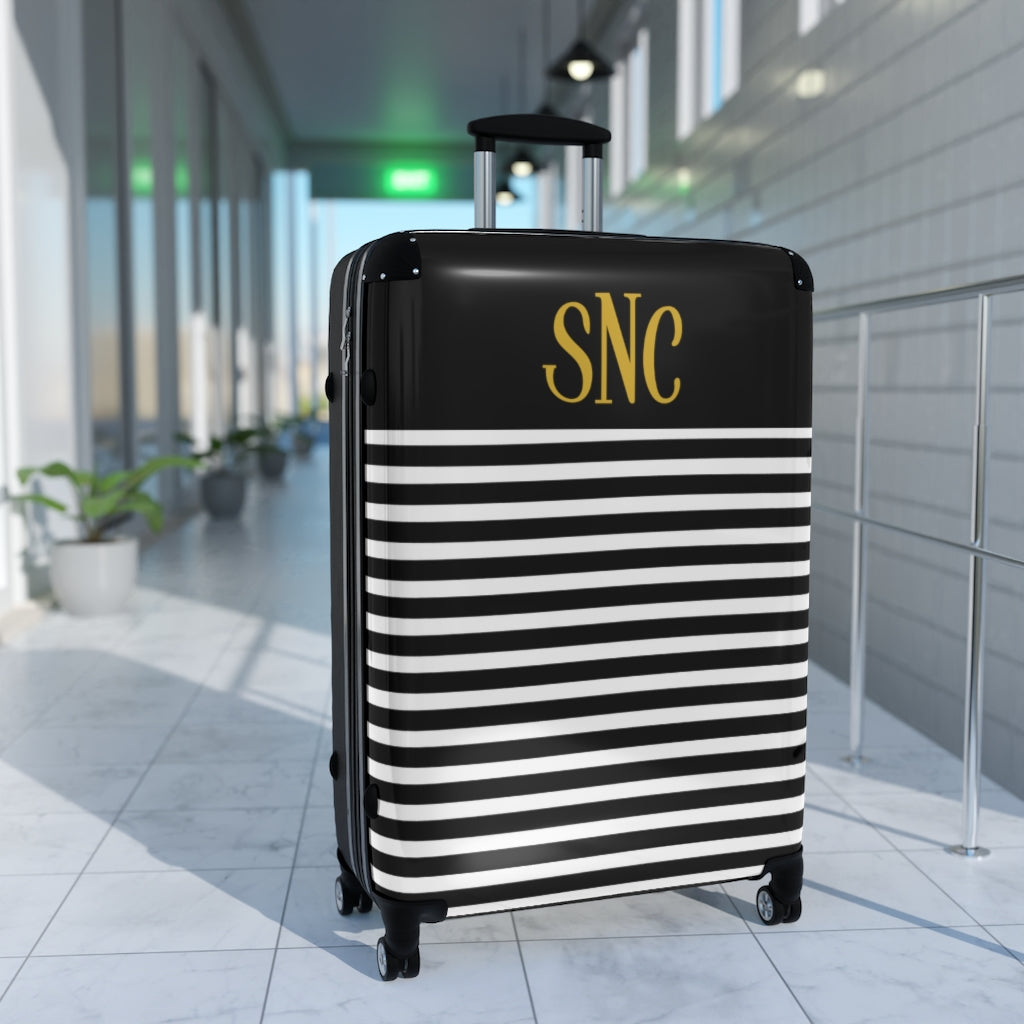 Monogram Suitcase Monogram Suitcase / Personalized luggage / Black and White Striped Tra ...