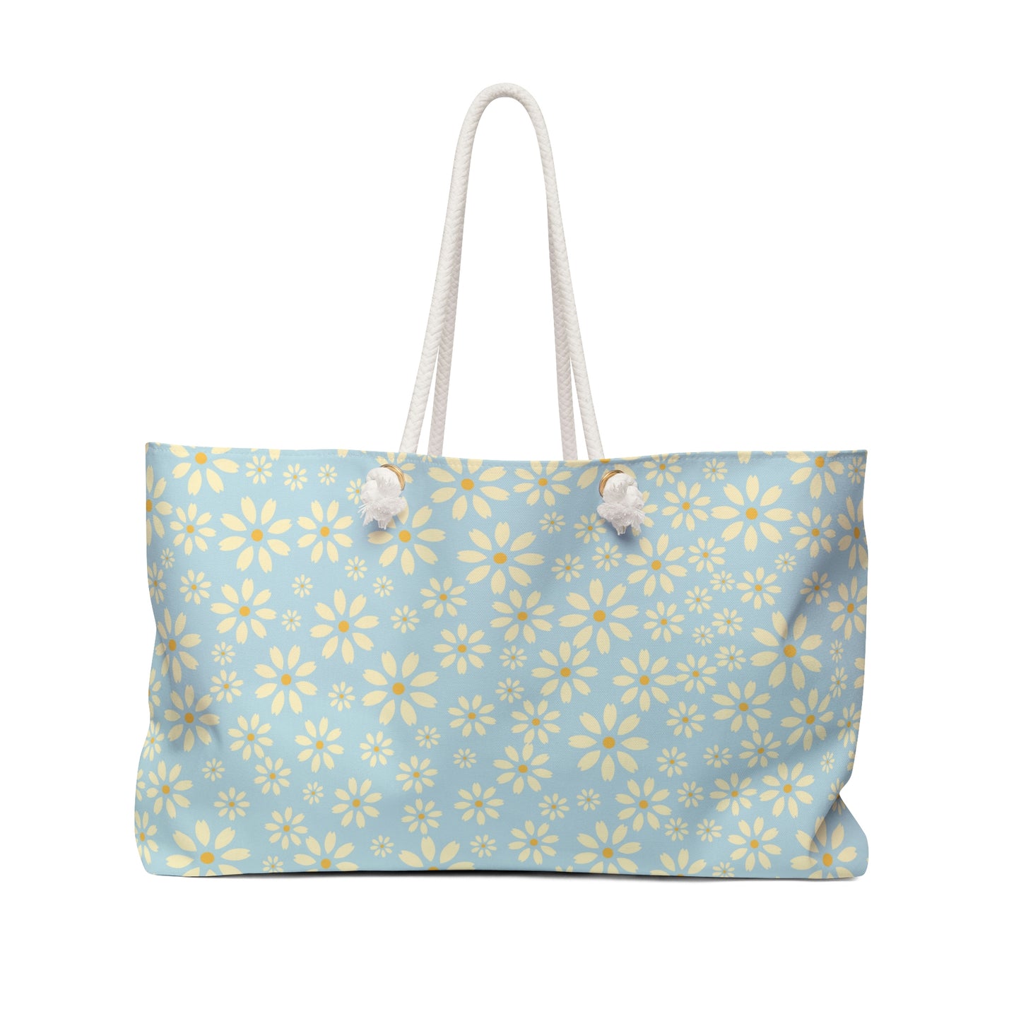 womens blue overnight bag with cream daisy print