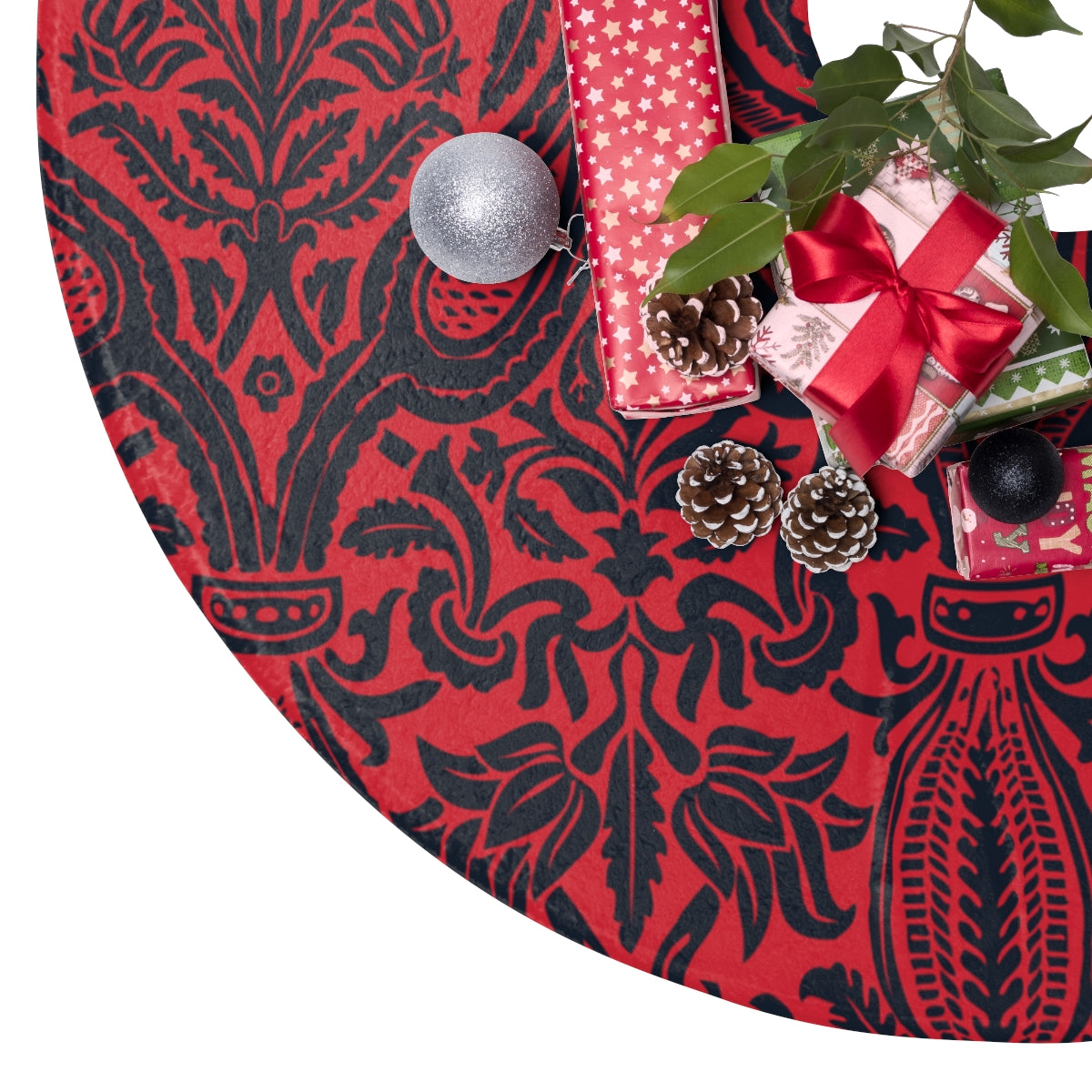red and black vicorian tree skirt in vintage pattern