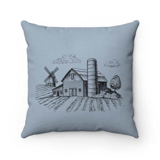 farmhouse pillow with a farmhouse picture on french blue background