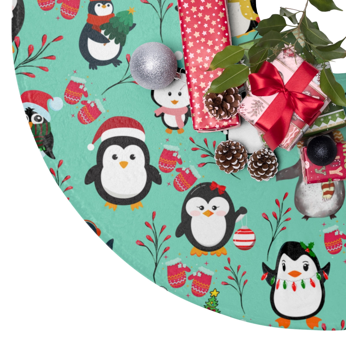 blue christmas tree skirt with penguins in christmas hats and mittern