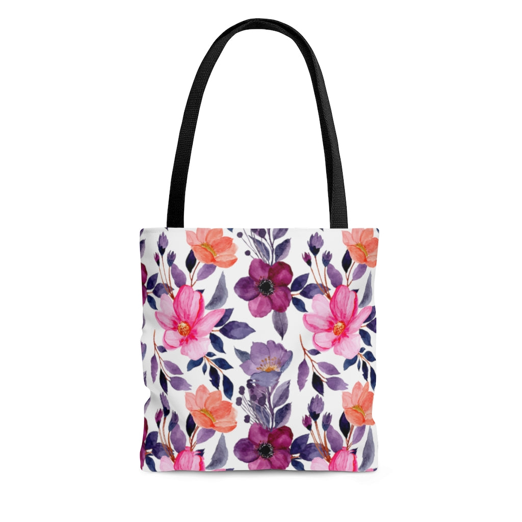pink and purple watercolor flower tote bag