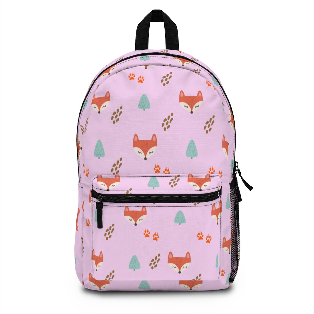 girls fox bookbag with fox, fox paw prints, and tree pattern in pink color