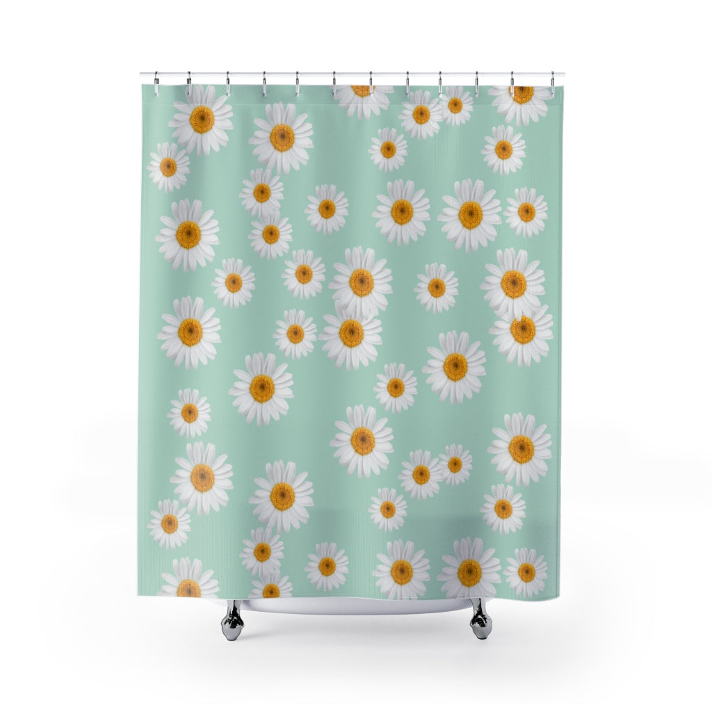 green shower curtain with daisy pattern