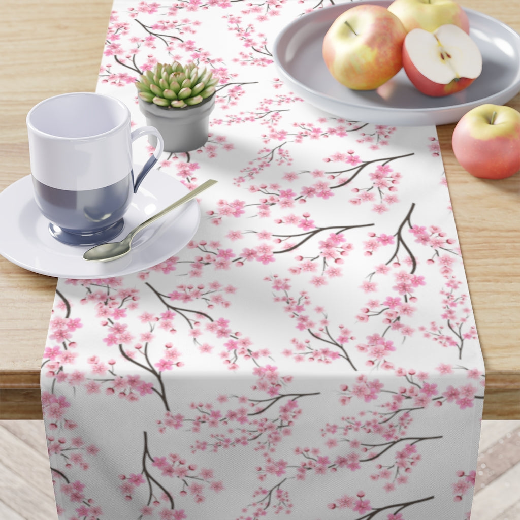 cherry blossom table runner with pink flowers on white background