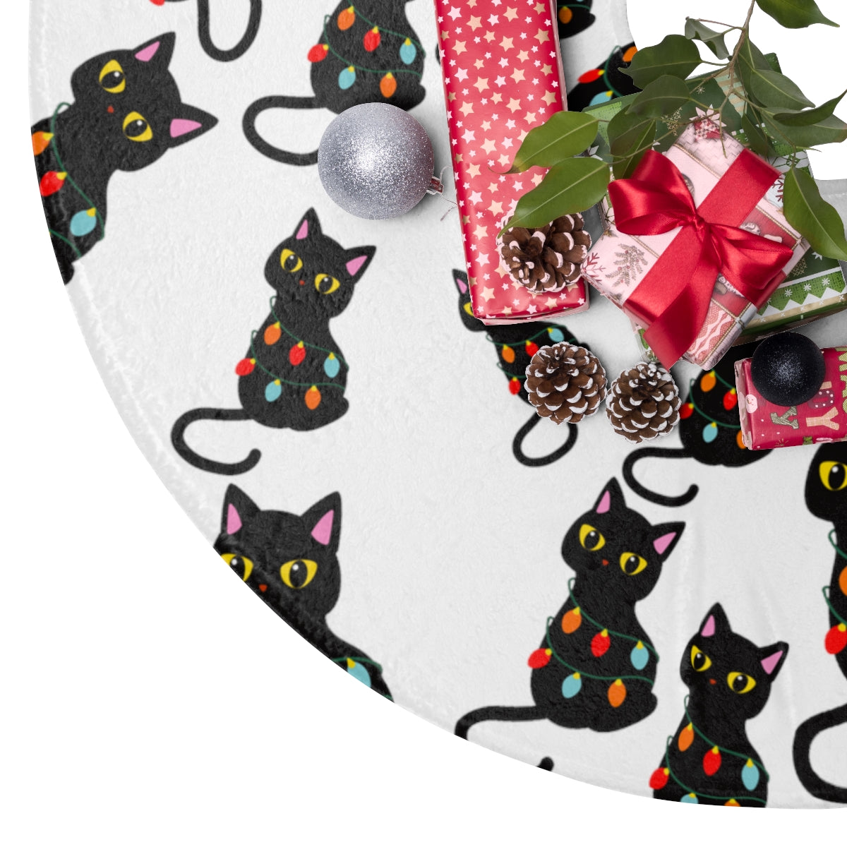 tree skirt with black christmas cat wrapped in christmas lights