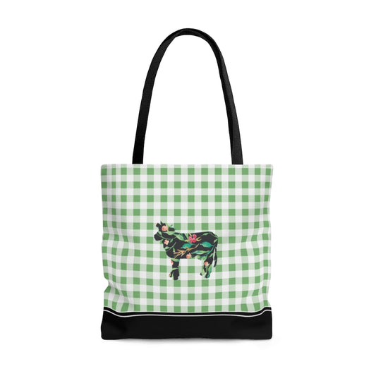 green buffalo plaid tote bag with a floral cow