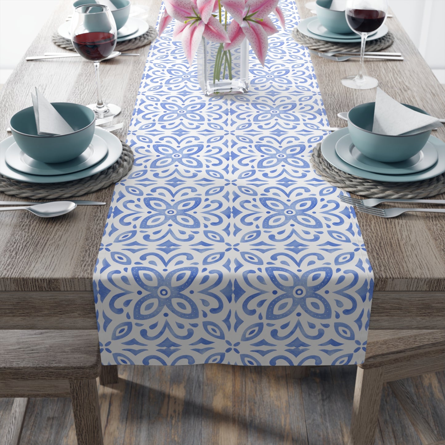 Blue Floral Table Runner /  Blue Tile Print Runner