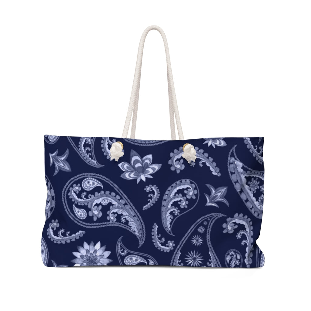womens weekender bag in blue paisly for travel or beach