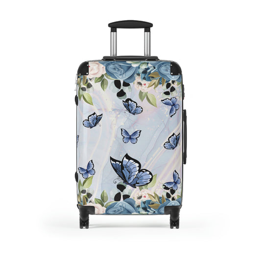 womens blue rose and butterfly suitcase