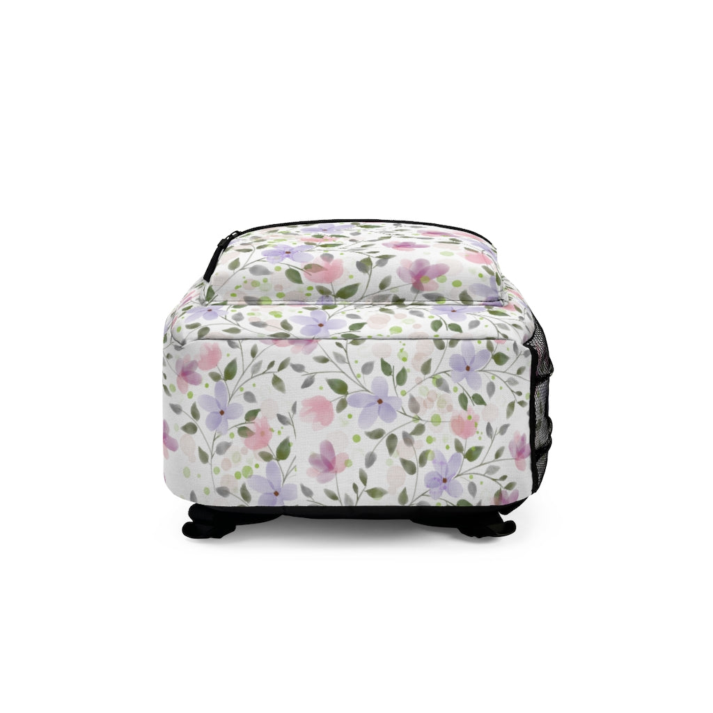 bottom view of the pink and purple floral backpack