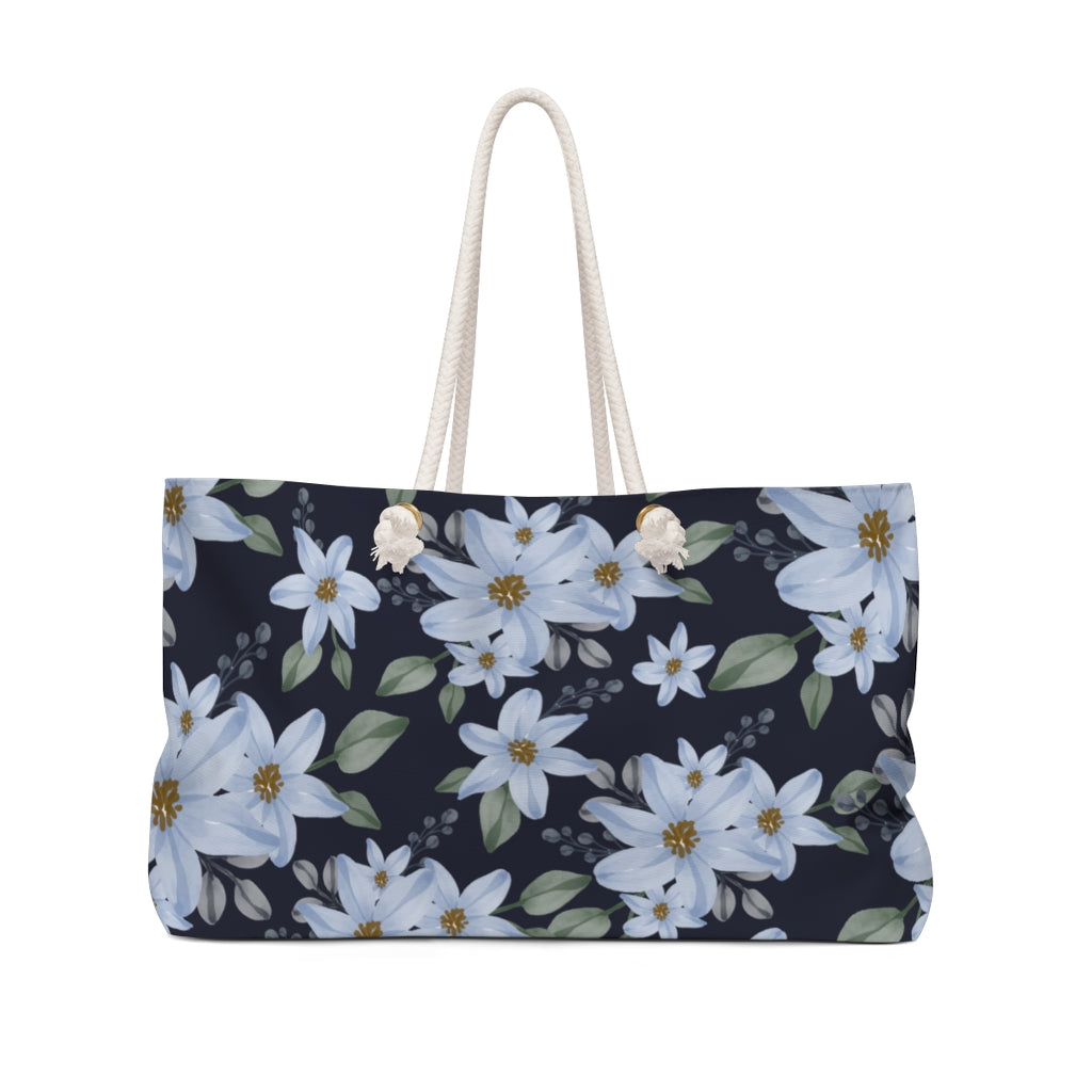 navy blue tote bag with french blue flowers 