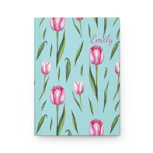 spring tulip personalized journal with pink tulip print on a teal color background. perfect as a gift for mothers day, girls birthday gift, bridesmaid gift or spring gift