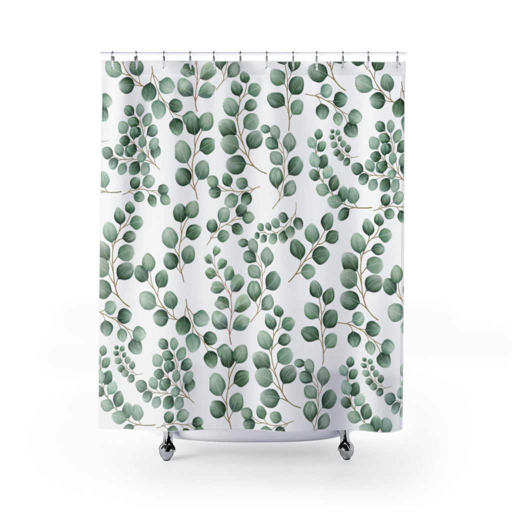 eucalyptus shower curtain with green leaf print