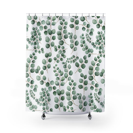 eucalyptus shower curtain with green leaf print