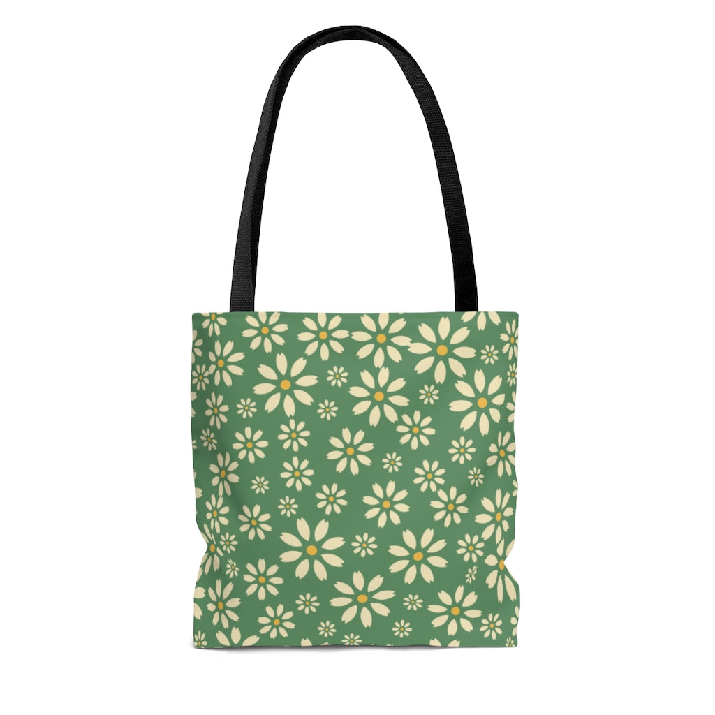 summer daisy tote bag with green background 