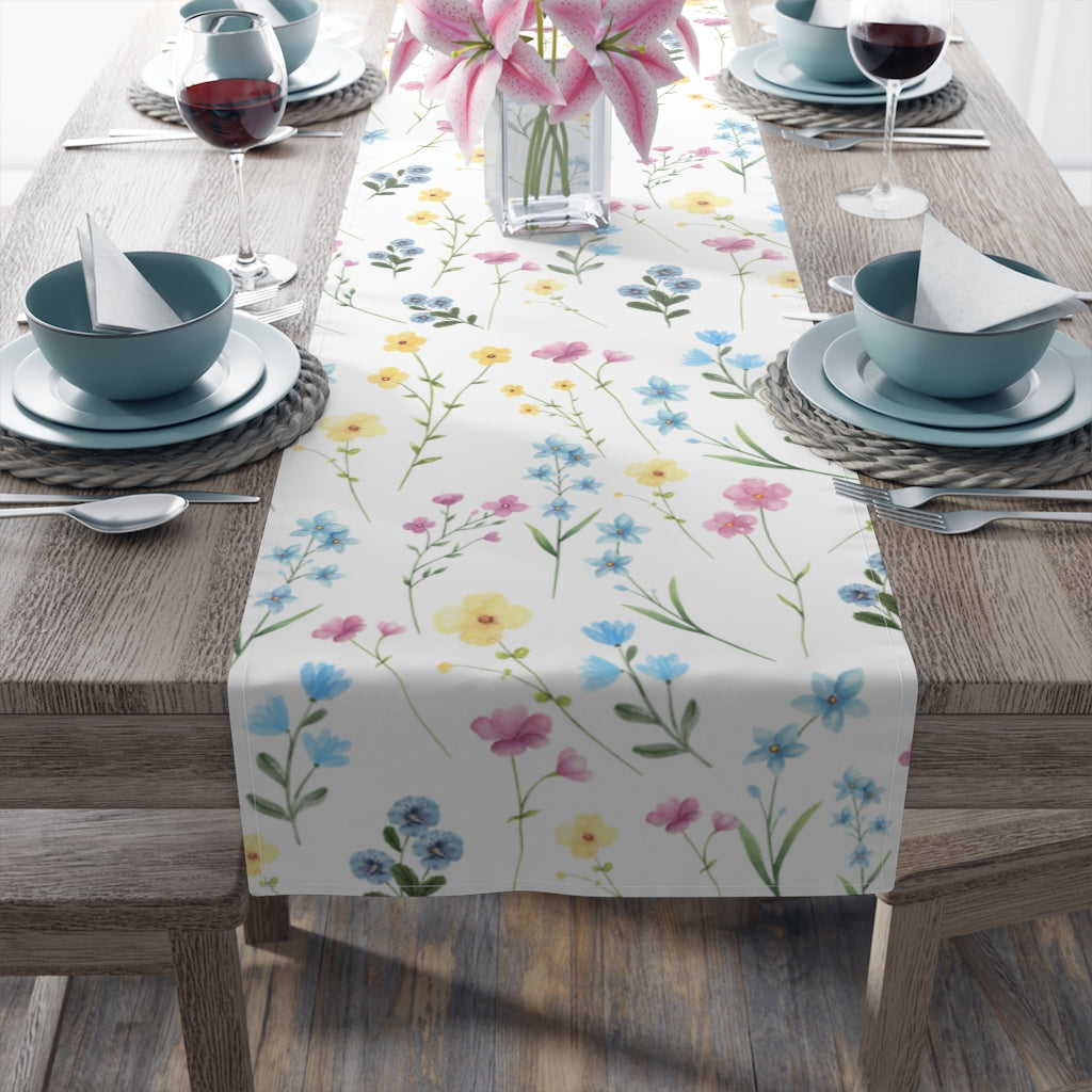 wildflower table runner with yellow, blue and teal flowers for summer